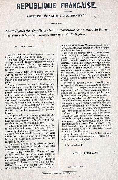 Les délégués du Comité central maçonnique républicain de Paris, à leurs frères des départements et de l'Algérie