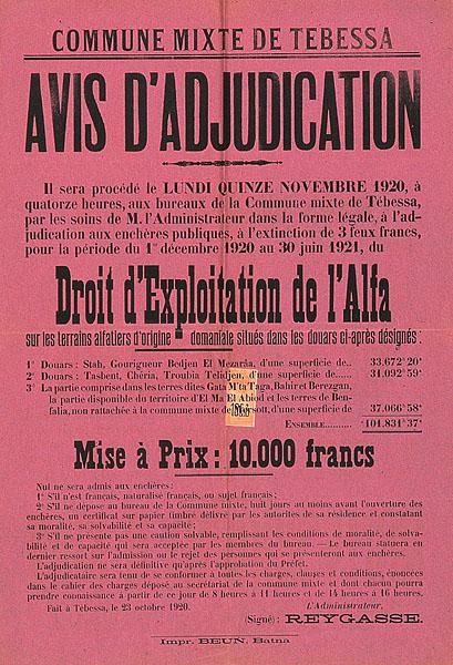 Commune mixte de Tebessa. Avis d'adjudication (...) droit d'exploitation de l'alfa sur les terrains alfatiers d'origine domaniale (...)