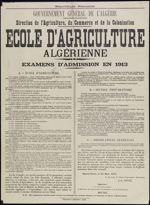 Ecole d'agriculture algérienne. Examens d'admission en 1913.
