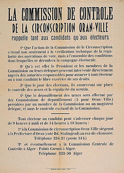 La commission de contrôle de la circonscription Oran-ville rappelle tant aux candidats qu'aux électeurs (...)