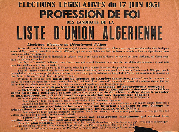 Elections législatives. Scrutin du 17 juin 1951. Profession de foi des candidats de la liste d'Union Algérienne (')