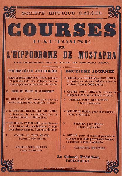 Société hippique d'Alger. Courses d'automne sur l'hippodrome de Mustapha, les dimanche 26 et lundi 27 octobre 1879