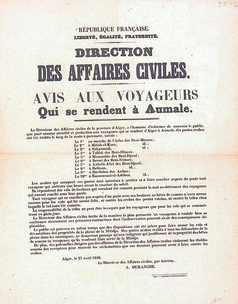 Direction des Affaires civiles. Avis aux voyageurs qui se rendent à Aumale (...)
