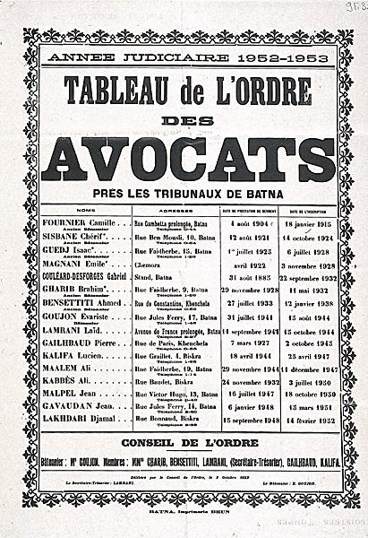 Année judiciaire 19521953. Tableau de l'ordre des avocats près les