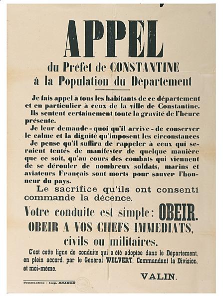 Appel du Préfet de Constantine à la population du département (')