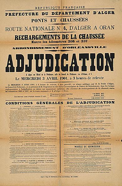 Préfecture du département d'Alger. (..) Ponts et Chaussées. Route nationale n°4, d'Alger à Oran. Rechargements de la chaussée (...) adjudication (...) le mercredi 3 avril 1901 (...)