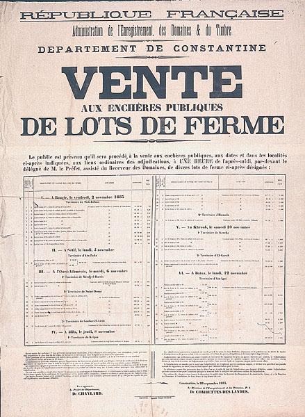 Département de Constantine. Vente aux enchères publiques de lots de ferme (...)