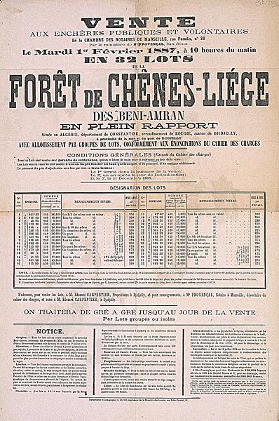 Vente aux enchères (...) le mardi 1er février 1887 (...)de la forêt de chênes-liège des Beni Amran (...)