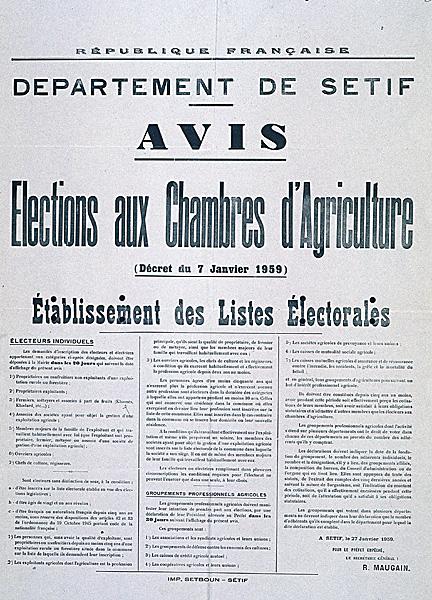 Département de Sétif. Avis. Elections aux chambres d'agriculture (...) Etablissement des listes électorales (...)