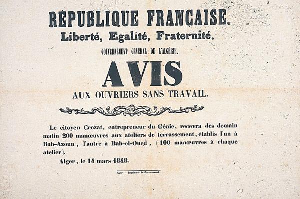 (...) Gouvernement général de l'Algérie. Avis aux ouvriers sans travail (...)