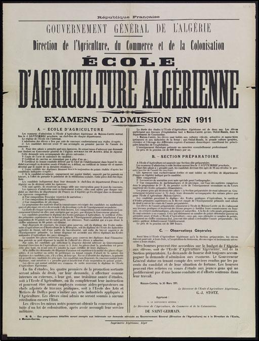 Ecole d'agriculture algérienne. Examens d'admission en 1911.