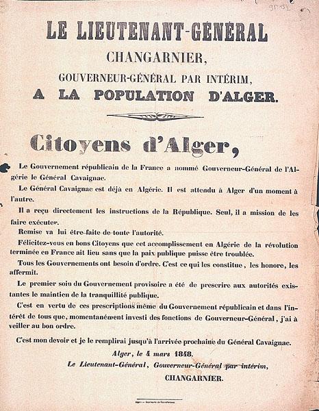 Le lieutenant-général Changarnier, gouverneur général par interim, à la population d'Alger.Citoyens d'Alger (')