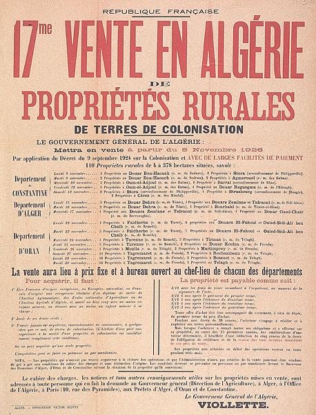 17 ème vente en Algérie de propriétés rurales de terres de colonisation (...)