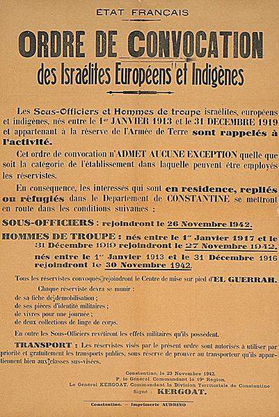 Etat français. Ordre de convocation des israelites européens et indigènes. (...)