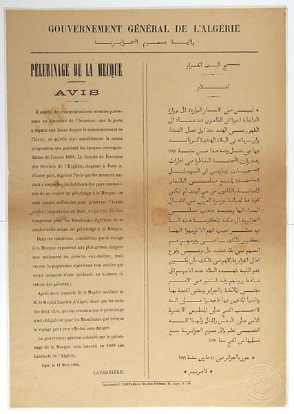 Gouvernement Général de l'Algérie. Pèlerinage de La Mecque. Avis (...)