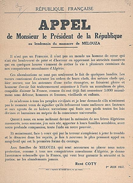 Appel de Monsieur le président de la République au lendemain du massacre de Melouza. 1er juin 1957.