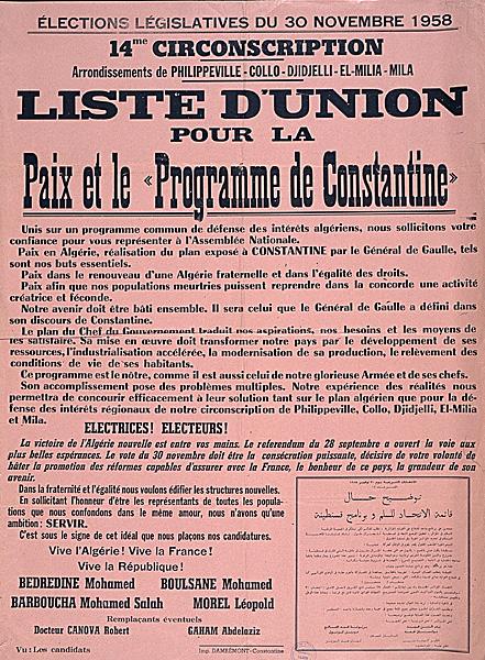 Elections législatives du 30 novembre 1958. 14eme circonscription. (...) liste d'union pour la paix et le programme de Constantine.