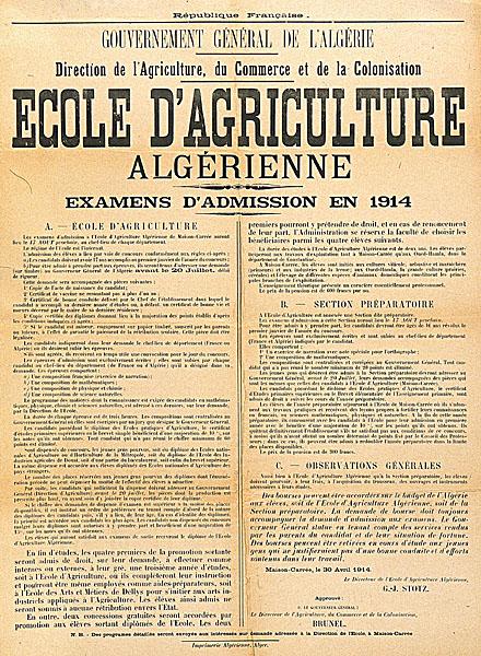 Gouvernement général de l'Algérie (') Ecole d'agriculture Algérienne. Examens d'admission en 1914 (...)