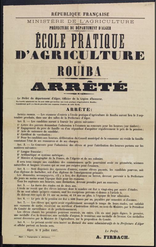 Ecole pratique d'agriculture de Rouïba. Arrêté.