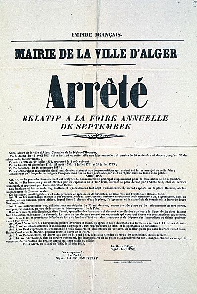 (') Mairie de la ville d'Alger. Arrêté relatif à la foire annuelle de septembre (...)