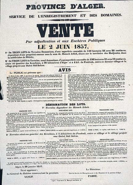Province d'Alger. Vente par adjudication aux enchères publiques le 2 juin 1857 (')