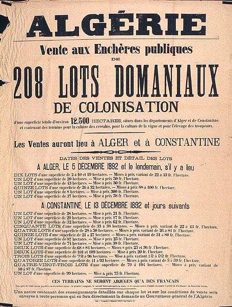 Algérie. Vente aux enchères publiques de 208 lots domaniaux de colonisation (...) dans les départements d'Alger et de Constantine (...)