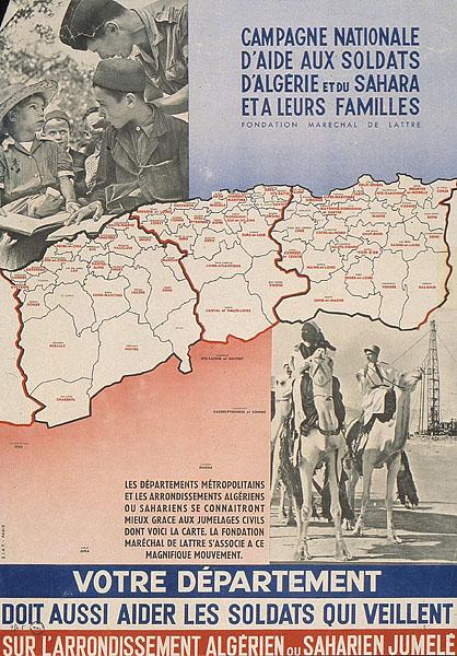Campagne nationale d'aide aux soldats d'Algérie et du Sahara et à leurs familles . Fondation Maréchal de Lattre (...) votre département doit aussi aider les soldats qui veillent sur l'arrondissement Algérien ou saharien jumelé.