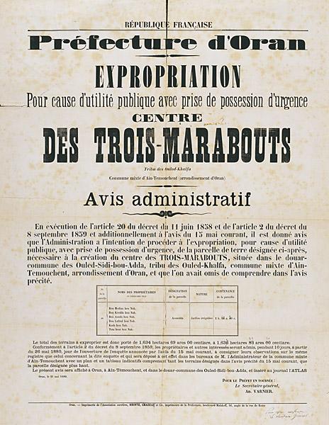 Préfecture d'Oran. Expropriation pour cause d'utilité publique avec prise de possession d'urgence. Centre des Trois-Marabouts (')