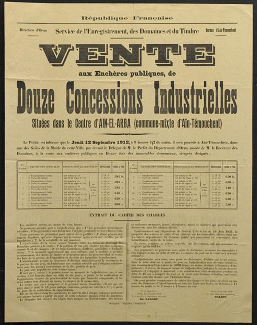 Vente aux enchères publiques de douze concessions industrielles situées dans le centre d' Aïn-El-Arba (commune mixte d'Aïn-Témouchent)