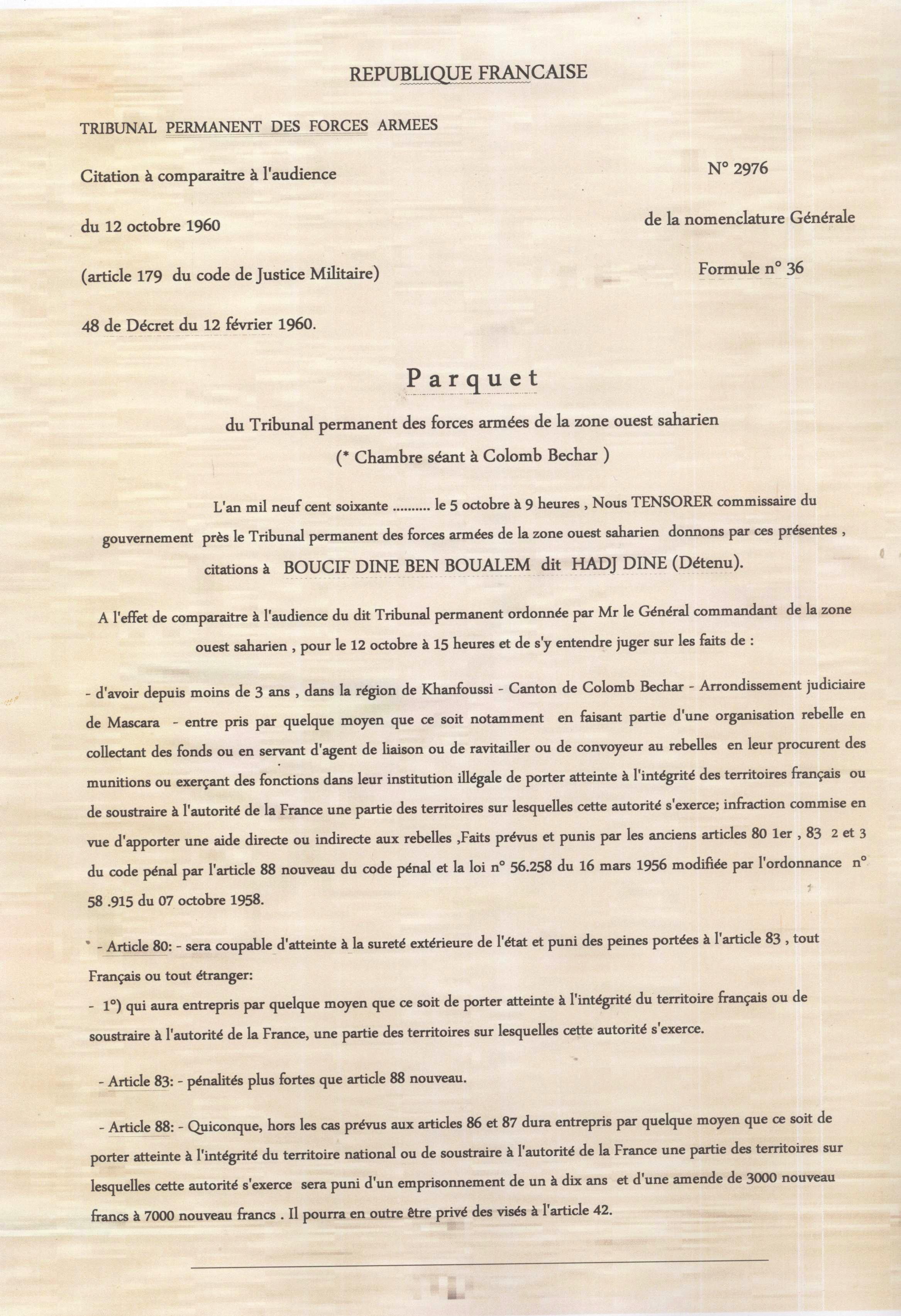 لائحة الإتهام التي وجهت للمجاهد بوسيف الحاج الدين من طرف المحكمة العسكرية الفرنسية