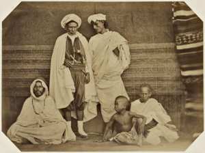 Bougherbal, chaouch du cheik des Hanmiane, Kaddour El Moghraoui, amin des Kabyles Marocains, Haddou Ould Mimoun, Kabyle de la tribu des Beni-Saïd, Ahmet Ould Abd-el-Kader-ben-Youssef, oranais, Faradji, jeune nègre (Image de propagande coloniale)