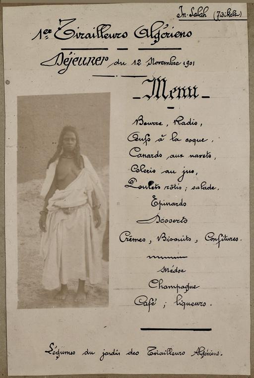 1er Tirailleurs algériens. Déjeuner du 12 novembre 1901 (Image de propagande coloniale)