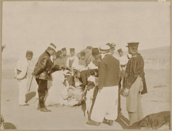 [Militaires et habitants au chevet d'un animal] (Image de propagande coloniale)