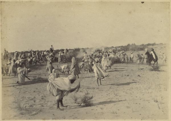 1891. Dans le Sahara (destruction des criquets) (Image de propagande coloniale)