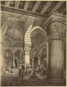 Mosquée Ketchawa (place Malakoff). Elle se trouvait sur l'emplacement actuelle de la cathédrale. En 1837, M. Otth n'osant pas affonter le fanatisme [sic] musulman pour dessiner l'intérieur d'une mosquée afféctée au culte musulman, dessina l'intérieur de la cathédrale (à cette époque) et y mit des indigènes à la place des musulmans au lieu d'Européens. (Image de propagande coloniale)