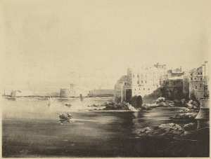 [Alger]. Quartier des rues du 14 juin et des lotophages. Phare [...]. Vue nord d'Alger. Poudrière, phare, jetée Kher-ed-din. La grande maison mauresque a été habitée par le duc d'Aumale plus tard elle a été affectée à la bibliothèque dirigée par Berbrugger (vue d'après un tableau fait par Madame Schultz, femme du consul de Suéde et de Norvège, 1852) (Image de propagande coloniale)