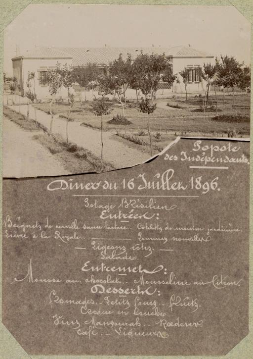 Menu pour le diner offert au général inspecteur du génie : Popote des Indépendants. Diner du 16 juillet 1896 ['] (Image de propagande coloniale)