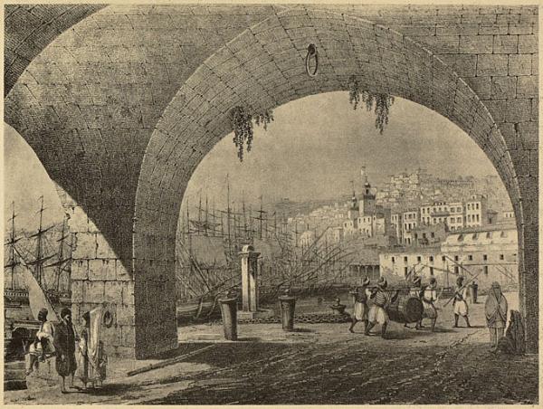 [Alger]. Voûtes de l'Amirauté (Otth) [...]. Port d'Alger. Douane qui servit primitivement de magasins au Génie militaire. Batterie. Premières maisons européenes construites rue de la Marine. Minarets des mosquées Djemaâ-el-Kébir et Djemaâ-el-Kébir. Kasbah. (Image de propagande coloniale)