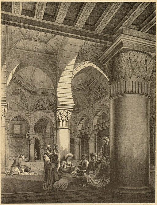 Mosquée Ketchawa (place Malakoff). Elle se trouvait sur l'emplacement actuelle de la cathédrale. En 1837, M. Otth n'osant pas affonter le fanatisme [sic] musulman pour dessiner l'intérieur d'une mosquée afféctée au culte musulman, dessina l'intérieur de la cathédrale (à cette époque) et y mit des indigènes à la place des musulmans au lieu d'Européens. (Image de propagande coloniale)