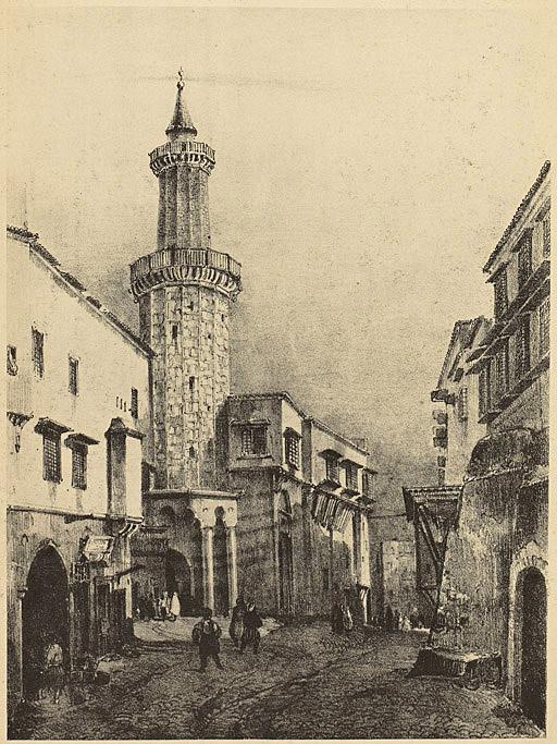 [Alger]. Rue Bab-Azoun. Vue de la mosquée Mezzo qui était située au commencement de la rue Bab-Azoun [...]. (Image de propagande coloniale)