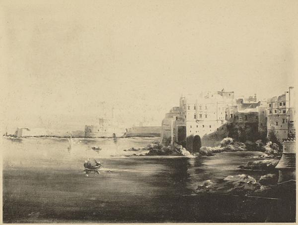 [Alger]. Quartier des rues du 14 juin et des lotophages. Phare [...]. Vue nord d'Alger. Poudrière, phare, jetée Kher-ed-din. La grande maison mauresque a été habitée par le duc d'Aumale plus tard elle a été affectée à la bibliothèque dirigée par Berbrugger (vue d'après un tableau fait par Madame Schultz, femme du consul de Suéde et de Norvège, 1852) (Image de propagande coloniale)