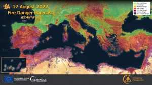 هذا التحذير تم إطلاقه يوم أمس من نظام معلومات حرائق الغابات الأوروبية EFFIS التابع لبرنامج مراقبة الأرض الأروبي Copernicus إستنادا لبيانات المركز الأروبي للتوقعات الجوية متوسطة المدى ECMWF