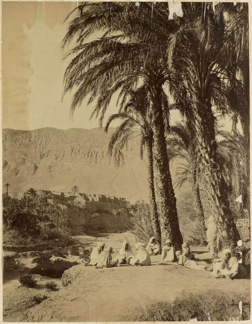 [Groupe d'hommes dans un oasis à El Kantara'] (Image de propagande coloniale)