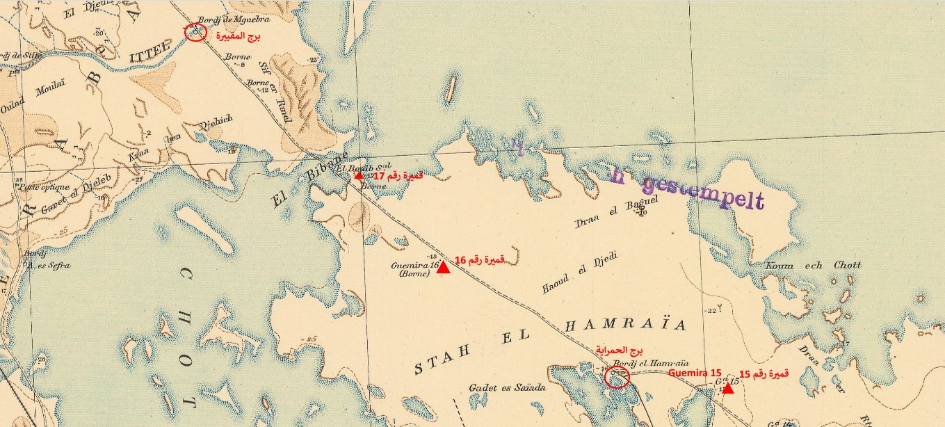 Section de la route des chotts avec l’emplacement des bordjs et des guemiras