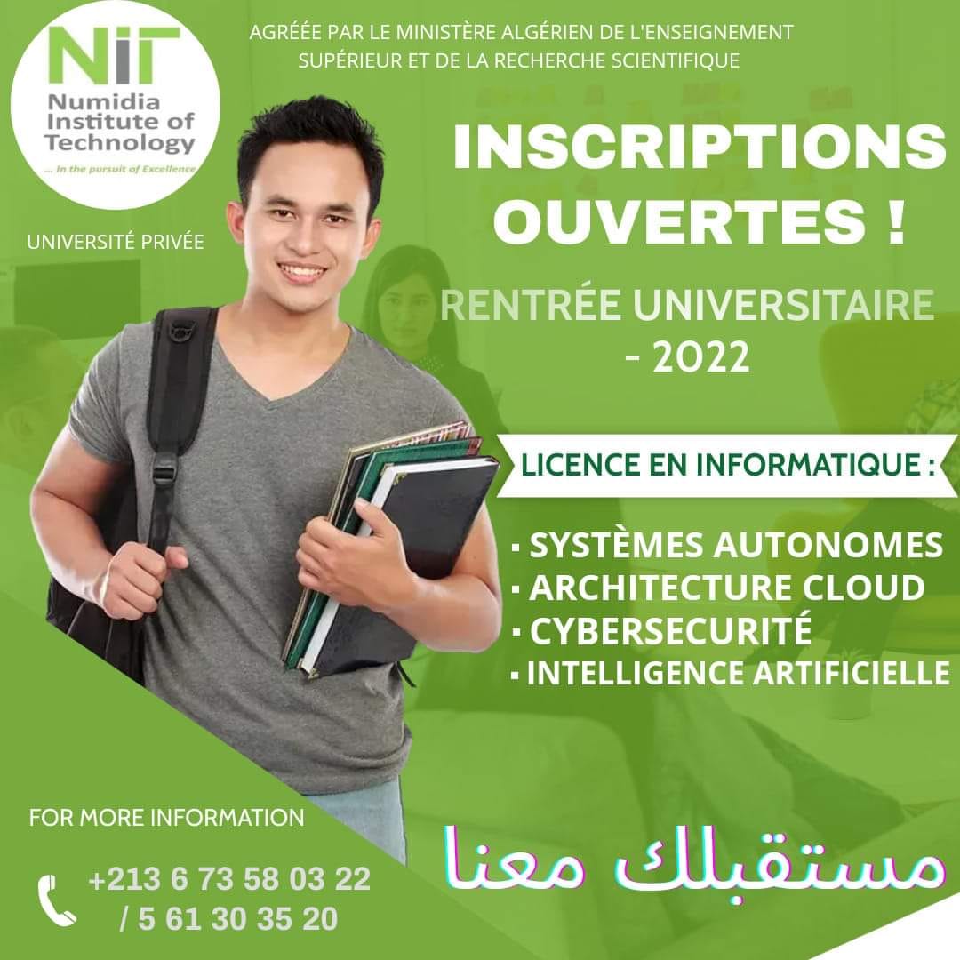 Alger Les inscriptions sont ouvertes, à l'Université NUMIDIA INSTITUTE OF TECHNOLOGY (NIT)
