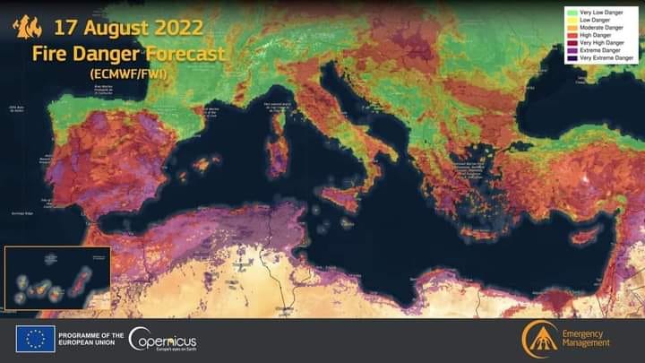 هذا التحذير تم إطلاقه يوم أمس من نظام معلومات حرائق الغابات الأوروبية EFFIS التابع لبرنامج مراقبة الأرض الأروبي Copernicus إستنادا لبيانات المركز الأروبي للتوقعات الجوية متوسطة المدى ECMWF