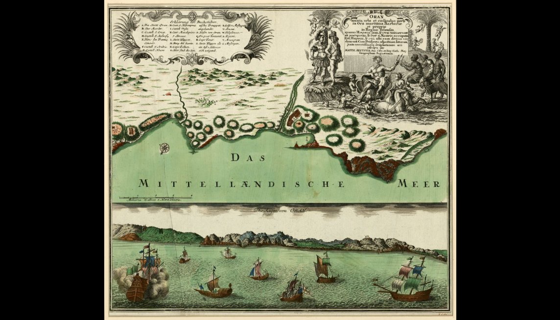 La ville fortifiée d'Oran avec son port sur la côte barbare.