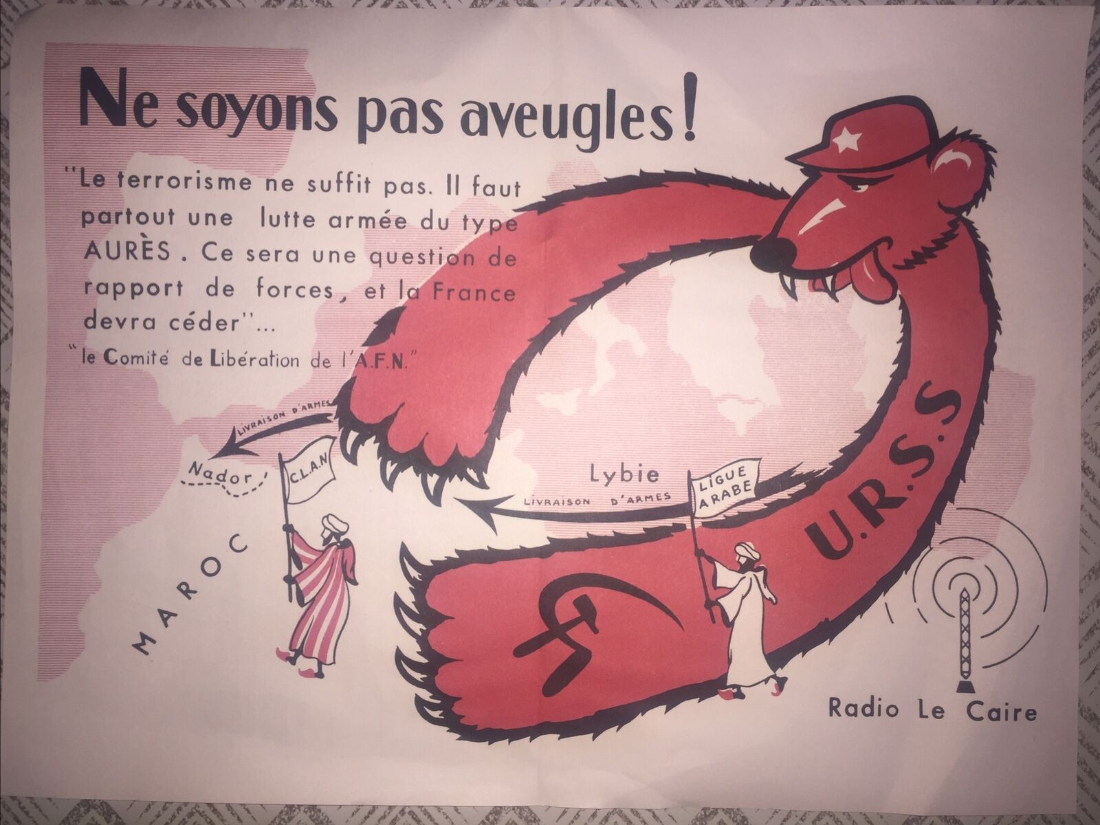 Gare à L'Ours rouge : Affiche de propagande fraçaise sur la guerre d'Algérie