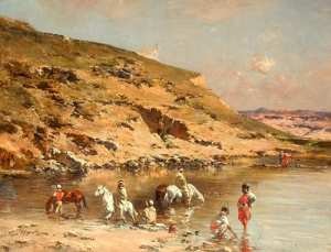 Baignade de Chevaux  (Caravane algérienne baignant des chevaux contre un paysage rocheux) Victor Huguet(Français, 1835 – 1902)