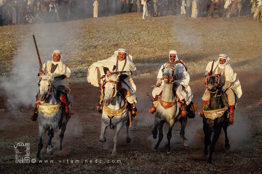 Cavaliers en plein élan lors de la fantasia à la Waada de Tamesna (Commune El Hassasna, Wilaya de Saida) Mai 2015